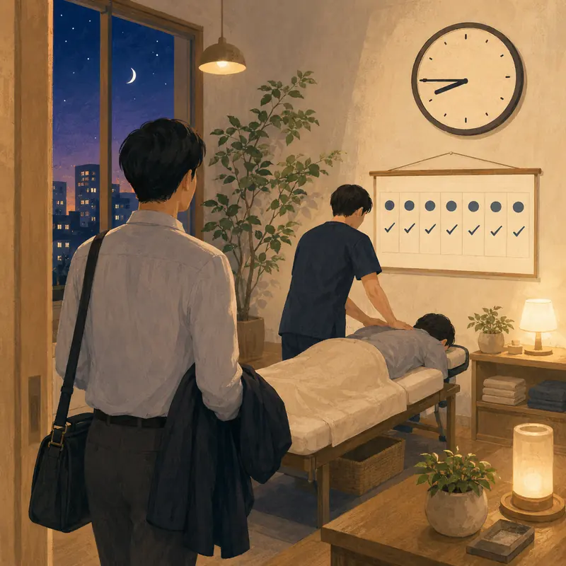 夜、仕事帰りに通院するイメージイラスト