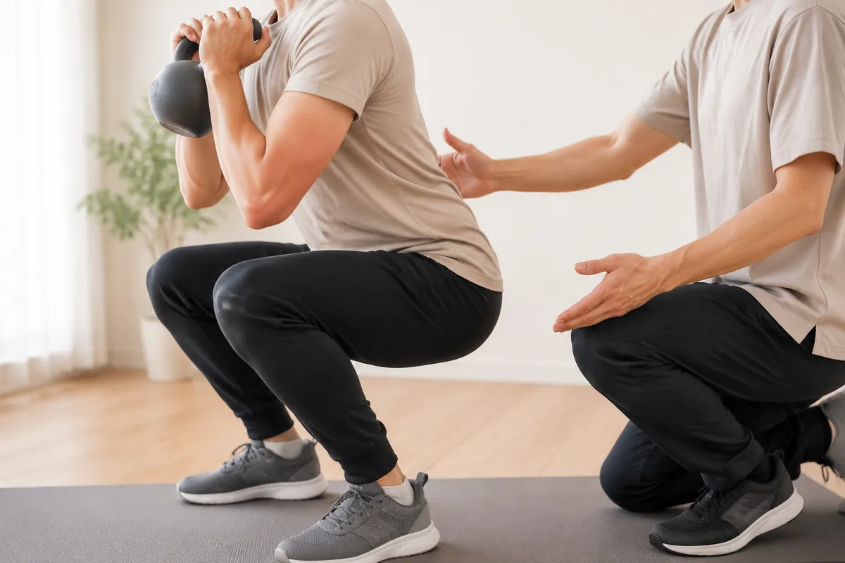 パーソナルトレーニングのイメージ。トレーナーが横で支えながらスクワットを行っているところ